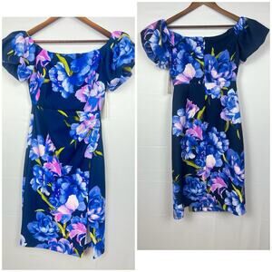 Eliza J Blue Pink Floral Off Shoulder Dress Wedding Guest Party Sz 6